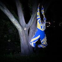 eine Person in blau-gelbem Kostüm hält sich hängend an einem Baum fest. Es ist dunkel.